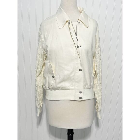 7‎ For All Mankind Eyelet Sleeve Casual Jacket Zip Up Button Up Cream Small - Picture 1 of 11